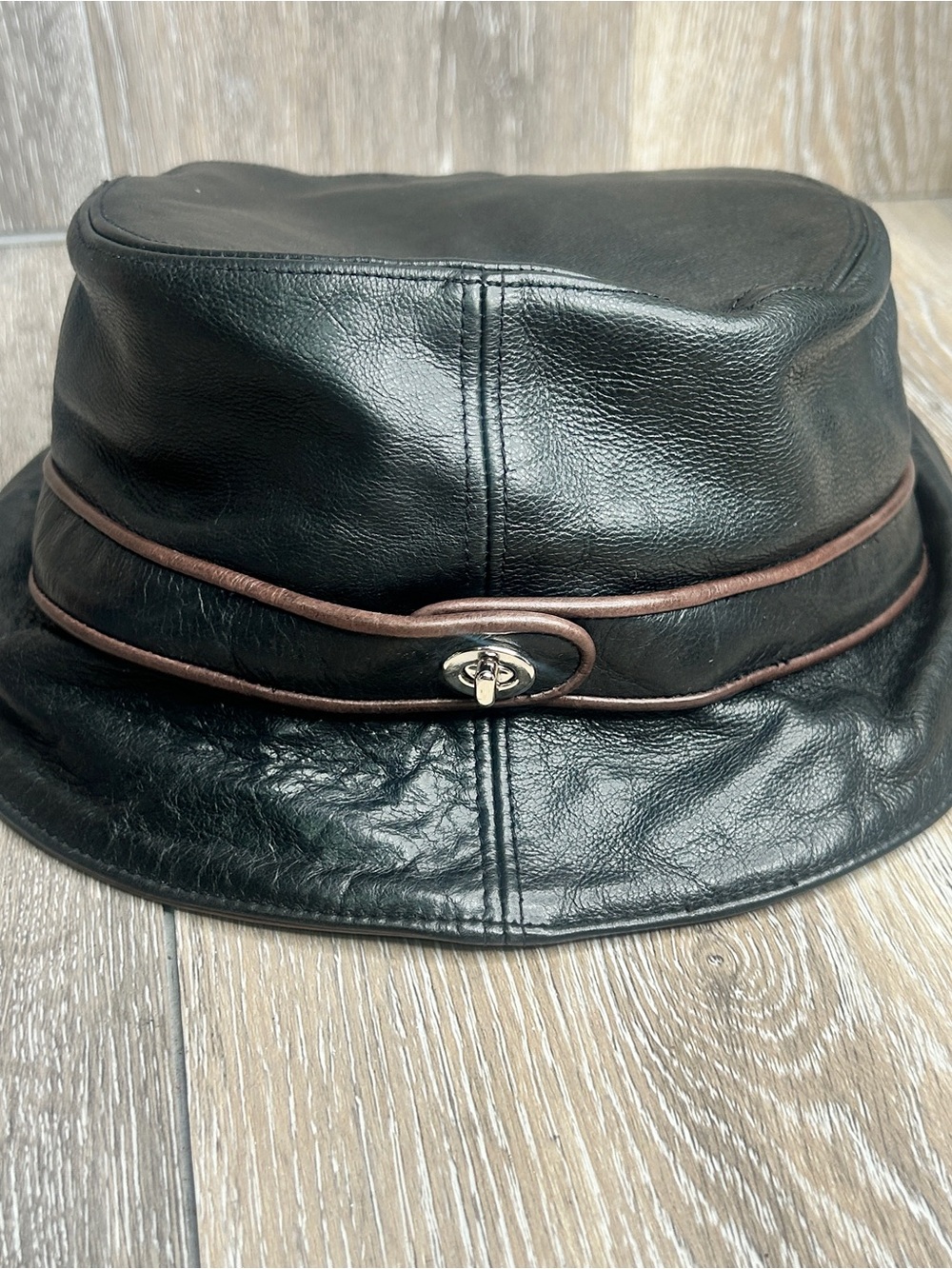 Vintage Coach Leather Bucket Hat Black with Brown Accent Band